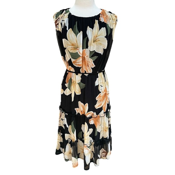 Enfocus Studio Dress Tiered Mesh Black Floral Midi Dress Lightweight Size 8 - Picture 1 of 5